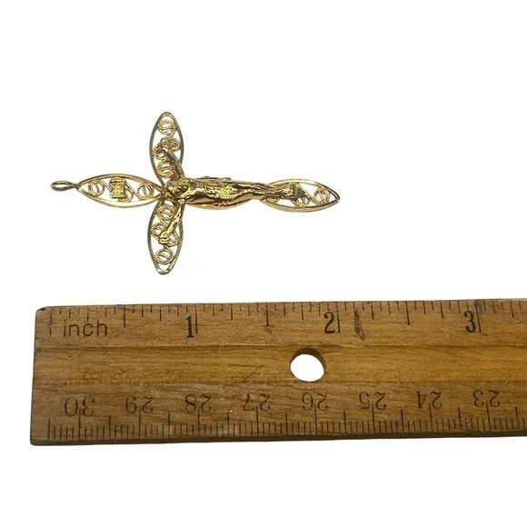 Vintage 12k Gold filled Filigree Crucifix Cross Pendant Religious Charm 1.5 Inch - Picture 4 of 4